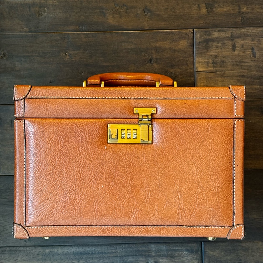 Small Vintage Lancel Leather Trunk in Cognac Brown with Gold Hardware